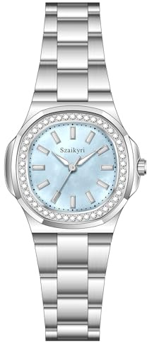 Szaikyri Reloj Elegante para Mujeres con Acento en Cristales y Correa de Acero Inoxidable Sólido - Reloj de Coctel para Damas (Plateado Azul)