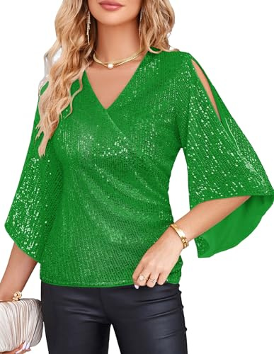 GRACE KARIN Womens Sequin Sparkly Tops 3/4 Sleeve Glitter Shimmer Dressy Blouse V-Neck Concert Party Shirts Lime Green 3XL