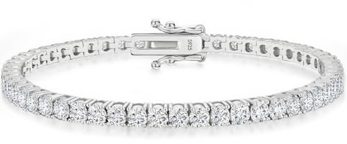 GemSpark Moissanite Tennis Bracelet for Women Men White/Yellow Gold Plated S925 Sterling Silver D Color VVS1 Round Cut Moissanite Bracelets 2/3/4MM 6-8INCH with Certificate (Silver-3MM-7IN)