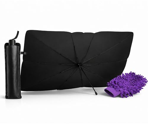 Parasol Coche Delantero 140×80 cm + Manopla Microfibra Parasol Parabrisas para SUV y Coches | Protección UV y Aislamiento Térmico | Incluye Manopla para Limpiar, Secar o Quitar Escarcha Ligera