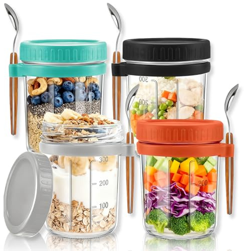 4 Pack Overnight Oats Containers with Lids and Spoons 16Oz Glass Mason Jars | Vegetable and Fruit Salad Storage Container with Measurement Marks, Glasss Jars for Cereals,Yogurt