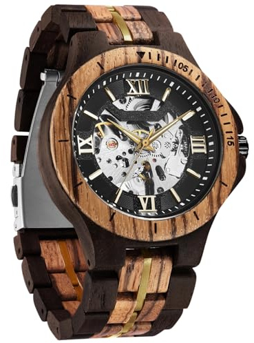 DAXIAOYU Orologio meccanico da uomo, completamente automatico, in puro legno, fatto a mano, con scheletro cavo, venature in acciaio, stile casual, nero, Casual