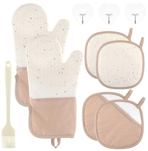 Ckhoid 10 Pcs Kitchen Oven Mitts and Potholders Set with Hook and Oil Brush, Cooking Mittens Heat Resistant 500°F Silicone Oven Mittens for Kitchen Baking Cooking BBQ (Cream)