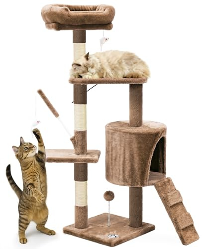 VOUNOT® Árbol Rascador para Gatos Altura 112 cm, Torre de Gatos Multiniveles, Rascador de Escalada Estable para Felinos Mascotas con Juguetes Postes de Sisal Plataformas Cueva Pelota, Marrón