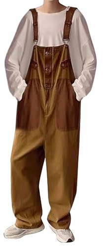 Salopette pour hommes, vêtement de travail avec bretelles réglables, jumpsuit à la mode, pantalon cargo avec poches (Marron, XL)