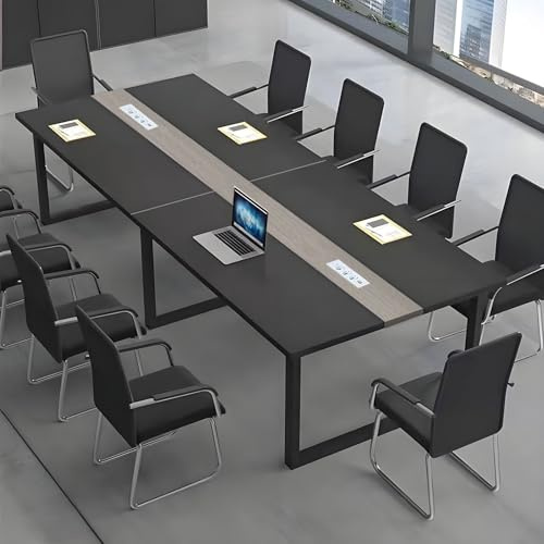 Konferenztisch 8–12 Personen, Großer Besprechungstisch mit integriertem Kabelmanagement, Moderner Meetingtisch mit schwarzem Metallrahmen, Rechteckiger Büro- und Seminartisch für Konferenzraum