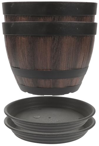 PLAFOPE Lot de 2 Sets de Sets de Pots de Fleurs Imitation Bois en Plastique avec Trou de Drainage et Soucoupe, Style Tonneau Rétro, pour Plantes D'intérieur et Jardin