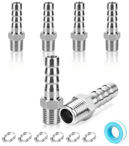 EFUTURETIME 6pcs Racores Espiga Acero Inoxidable 304, Rosca Macho BSP 1/2 x Espiga 10mm con Abrazaderas, Conector Manguera Combustible Agua Aire Gas Neumático