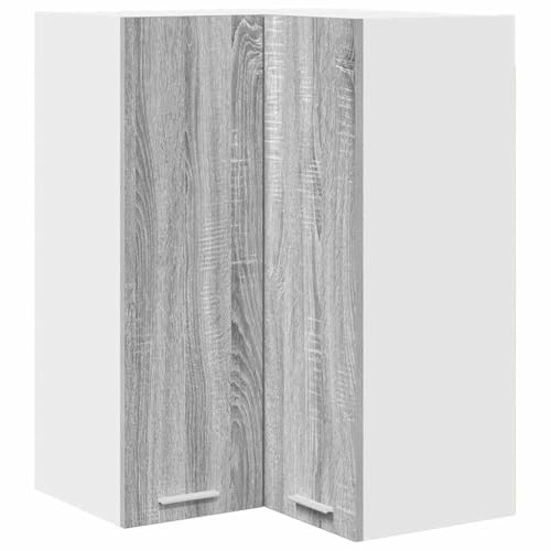 Yisssmeng Armadio angolare da cucina sospeso, 57 x 57 x 80 cm, Sonoma grigio e bianco, robusto materiale in legno, scaffale da cucina per stoviglie e utensili da cucina, soluzione salvaspazio