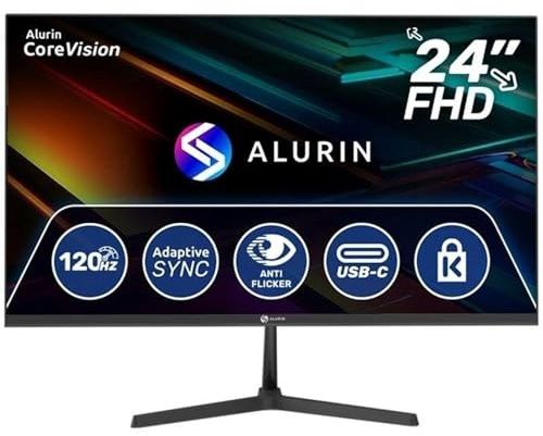 Alurin Monitor CoreVision 24 Pulgadas Full HD IPS 120Hz FreeSync, Pantalla 1920x1080, Adaptive Sync, Low Blue Light, HDMI, VGA, VESA 100x100, Monitor Gaming, Oficina, Teletrabajo y Multimedia