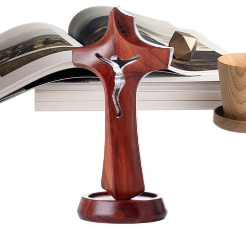 Stående träkors, kristen Jesusstaty, religiös bordsdekoration