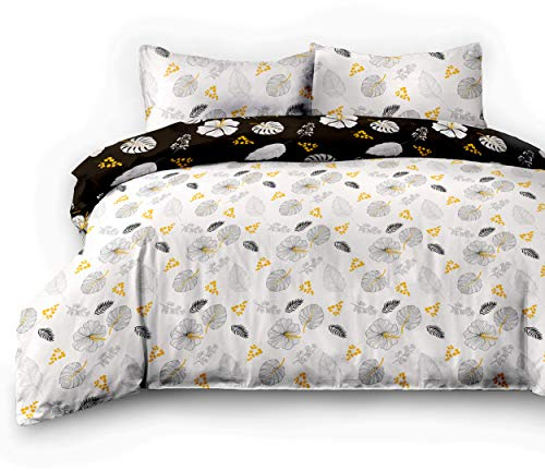 AmeliaHome 06501 4tlg 2 x Biber Bettwäsche 155x220 cm mit 2 Kopfkissenbezügen 80x80 cm 100% Baumwolle Blumenmuster Bettbezug Reißverschluss Snuggy Collection Floral Rain weiß schwarz gelb