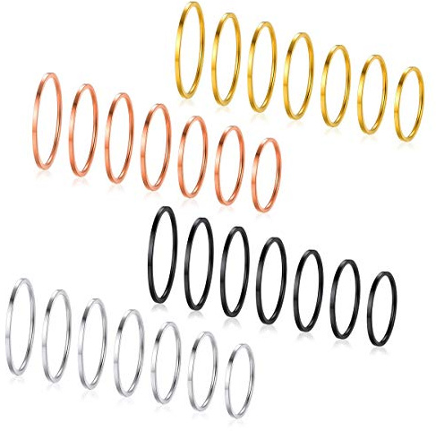 FOCALOOK Stapelringe Midi Ringe Set 7/14/28 PCs Knuckle Ringe für Frauen Mädchen 1mm Midi Fingerringe Set Knöchelringe Set 18k vergoldet/Edelstahl Damen Mädchen Modeschmuck Accessoire Größe 47-62