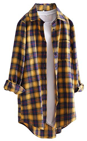 Minibee Women's Cotton Blouses Tops Plaid Long Sleeve High Low Button Down Shirts Tunic Yellow 2XL