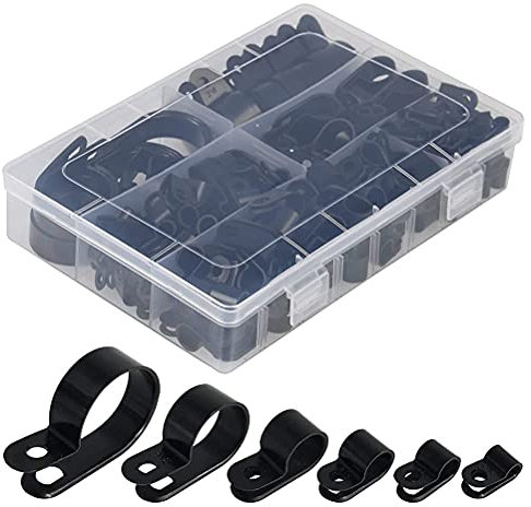 YOTINO 200 Stück R-Kabelklemmen, Nylon Kabelklemmen, 6 Größe, Drahtklemmen mit Schraubbefestigung, R-Typen Fastener Clips, P-Kabelschelle für Kabelführung, Schwarz