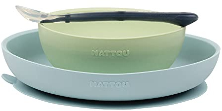 Nattou Stoviglie in silicone per bambini, 3 Pezzi, 1 Cucchiaio, 1 Piatto piano, 1 Piatto fondo, Antiscivolo, Senza BPA, Silicone, Blu/Verde