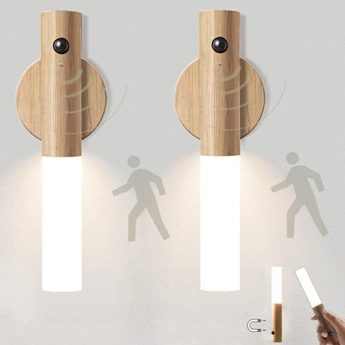 VOMI Lot de 2 Lampe Murale LED Escalier Detecteur de Mouvement Sans Fil Pile Interieur Applique Murale Bois Veilleuse Rechargeable USB Portable Magnétique Lumière de Placard Bebe Enfant Chambre