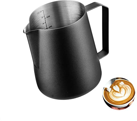 Meelio Milk Frothing Pitcher 20oz, Stainless Steel Milk Steaming Pitcher 600ml, Milk Frother Cup with Measurement Marks, Black