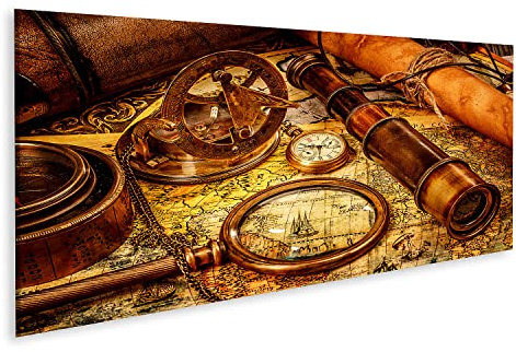 islandburner Bild auf Leinwand Vintage Lupe Kompass Fernrohr Und Eine Taschenuhr Die Auf Einer Alten Karte Wandbild Poster Kunstdruck Bilder