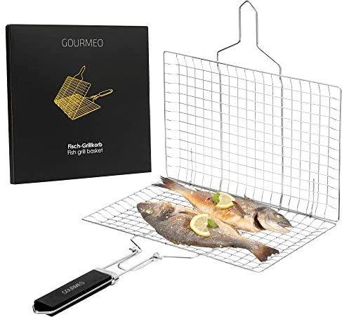 GOURMEO Edelstahl Grillschale - Fisch, Fleisch & Gemüse Grillkorb mit Holzgriff & Bürste - Rostfreie Zubehör Körbe zum Grillen für den Gasgrill und andere Grill Arten