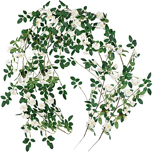 FiveSeasonStuff Bendable Shabby Chic White Flower Garlands, Artificial Silk Wild Roses Vine Leaves Hanging Flowers for Wall Decoration Basket Trellis Wedding Home 2 Pack 3.6 metres