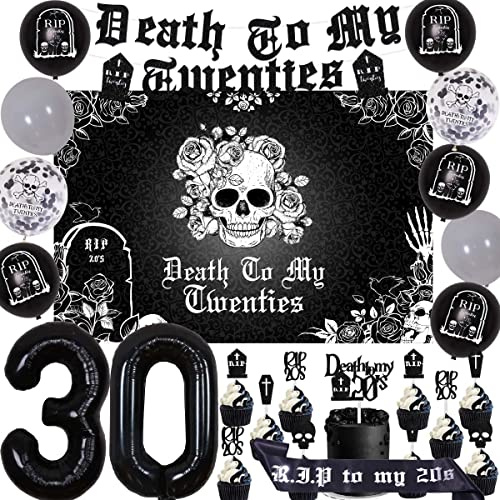 Cheereveal Schwarze Dekorationen zum 30. Geburtstag für Sie und Ihn, Death to My Twenties Dekorationen Banner Kuchen Topper Hintergrund Rip to My 20s Geburtstag Schärpe Zahl 30 Ballon