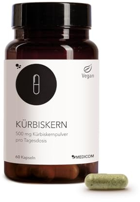 Medicom - Kürbiskern Kapseln, Vegan, 60 Stück | Natürliches Pulver, Blase, Prostata, Pflanzlich, Vegan, Traditionell, Kur, Wohlbefinden, Männer, Harnwege, Hochwertig