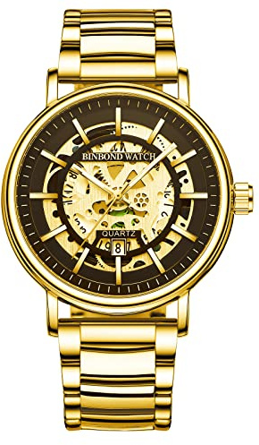 Avaner armbandsur herrklocka med mekanisk urtavla kalender vattentät klocka herrklockor rostfritt stål klocka analog kvartsklocka för män, Guld, Armband
