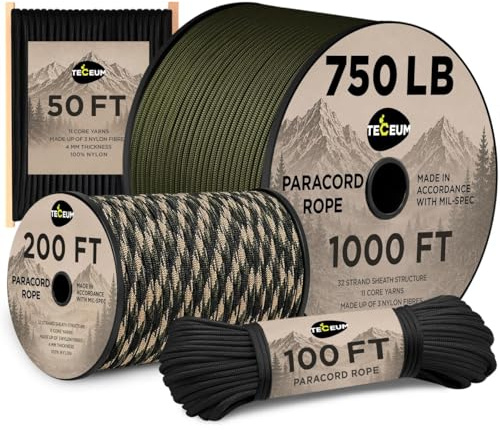 TECEUM Paracord Seil 750 - Schwarz 305 m - Survival Schnur Kordel 4mm | 11 Nylon-Stränge, 340 kg Tragkraft, Camping, Zelt, Abspannseil, Wäscheleine, taktische Ausrüstung, Armband, Basteln, Schwarz