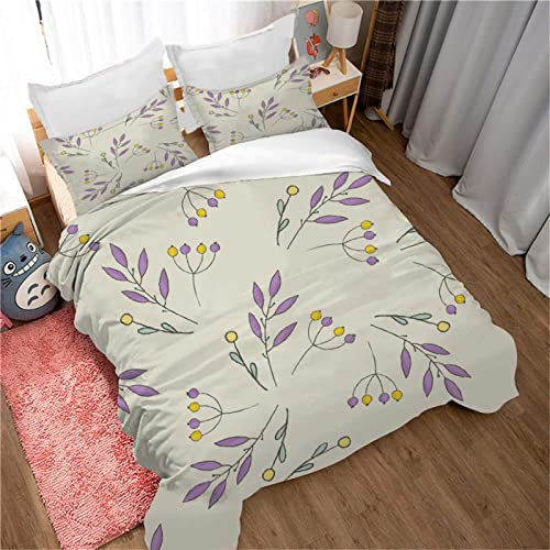 Bettwäsche 135X200Cm 3 Teilig 3D Lila Blätter Früchte Druck Bettbezug Set, Baby Bettwäsche Weiche Flauschige Hypoallergen Mikrofaser Bettbezüge Mit Reißverschluss Und 2 Kopfkissenbezug