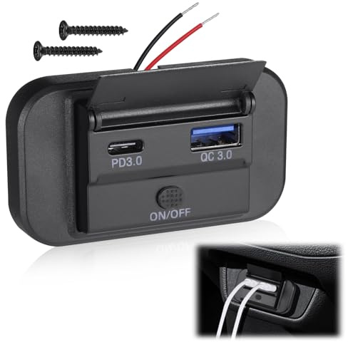 JIZZU 12V 36W USB Steckdose Ladebuchse, QC3.0 USB & PD3.0 (1 Stück) | Dual Dose SchnellladeAuto Ladegerät Steckdose mit ON/Off Schalte für 12V / 24V KFZ Wohnmobil Boot LKW Wohnwagen