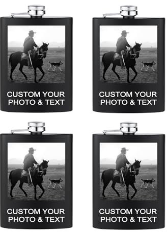 MeMeDIY Petaca Personalizado Regalos de Padrino de Boda para Boda Nombre Grabado Texto Símbolo/Imagen Caja de Regalo Opcional Petaca Personalizado de Acero Inoxidable de 6 a 8 Onzas Negro C - 4 Set