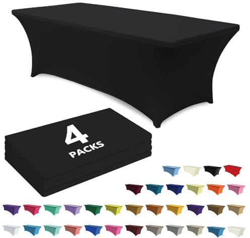 ABCCANOPY 4 Pack 6 FT Black Spandex Table Cover Stretch Fitted Wrinkle Resistant Tablecloth Reuse for Rectangular Folding Table Patry Event Wedding Banquet Protector