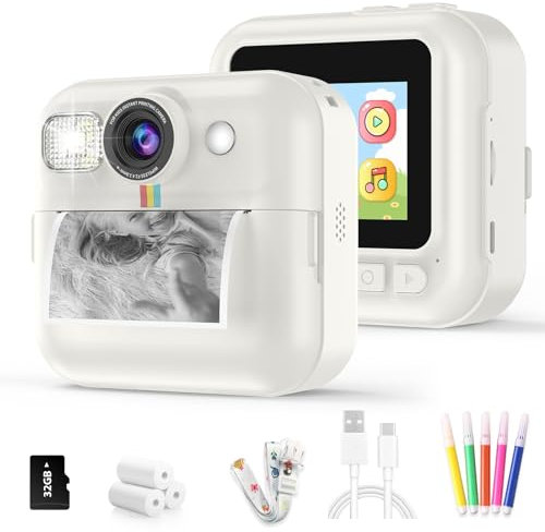 Kinderkamera Sofortbildkamera,Sofortbildkamera Kinder,1080P Digitalkamera Kinder mit 32GB Karte Druckpapier,Geburtstags Weihnachten Geschenke für Jungen und Mädchen 3-12 Jahre(Weiß)