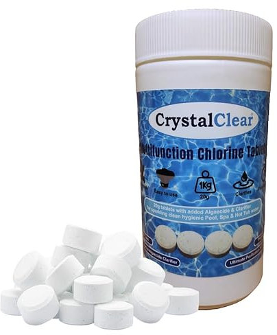 CrystalClear Multifunctional Chlorine Tablets 1kg (50x20g) - 4-in-1 Sanitiser Tablets with added algaecide & clarifier for Sparkling Clean, Hygienic Swimming Pool, Spa & Hot Tub Water