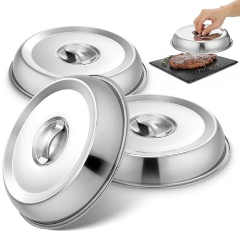 Cabilock 3Pcs Stainless Steel Food Covers, 22cm Round Food Dome Cloche Lids with Handle, Metal Plate Covers for Keeping Warm, Steak, Burgers, BBQ, Home Restaurant Serving