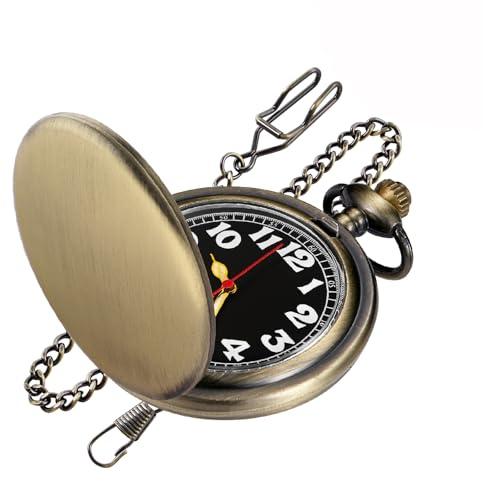 Tiong Bronze Smooth Covered Quartz Men's Pocket Watch,Luminous Arabic Numerals Black Dial Pocket Watch with Chain