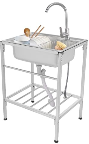 ACROSSPART Edelstahlspüle, Spüle mit Unterschrank, Höhenverstellbar Freistehendes Waschbecken, Waschbecken Küche mit Heißer & kalter Wasserhahn (60 * 45 * 75cm)