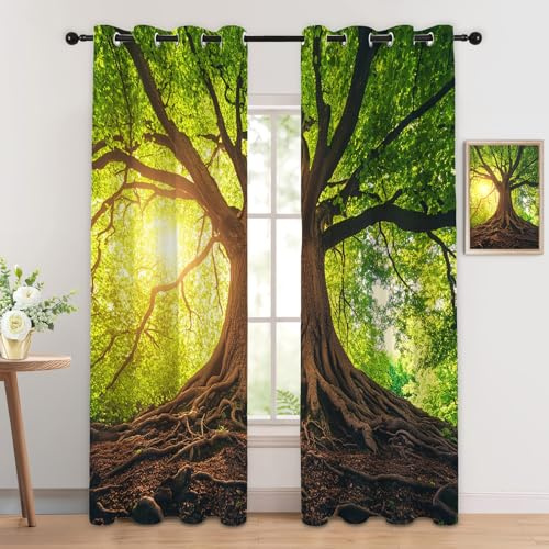 Luxfieo Baum des Lebens Vorhänge Grüner Wald Landschaft Vorhang Blickdicht Gardinen 166 cm Hoch Verdunklungsvorhänge mit Ösen Thermovorhang für Wohnzimmer Schlafzimmer Fenster Deko 2er Set