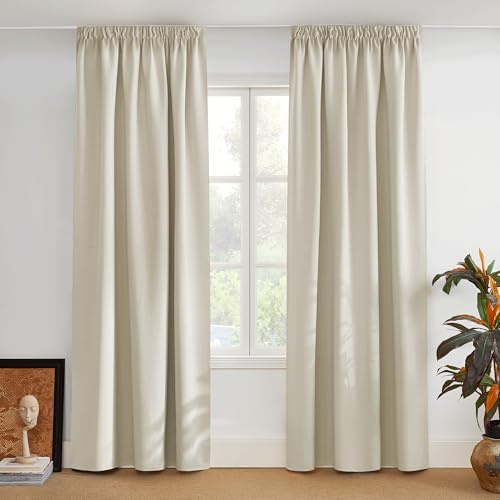 PONY DANCE Verdunklungsvorhänge Kräuselband 2er Set Wohnzimmer Blickdichte Gardinen für Schienensystem Thermovorhang Kälteschutz Extra Breite Vorhänge H 228 x B 228 cm, Hellbeige