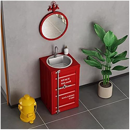 ZTGL 55cm Waschbecken Gäste Wc mit Unterschrank Loft Industrial Style Hand Waschbecken für Badezimmer Waschplatz Gäste WC Iron Art Badezimmer Set,Rot,with Mirror
