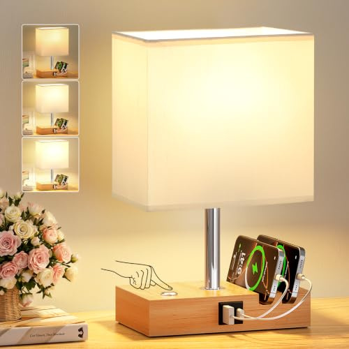 PreeOtti Bedside Lamps, Wooden Table Lamp for Living Room with USB A+C Charging Ports, Dimmable Touch Lamps Bedside with 2 Phone Slots, Wood Charger Organizer for Bedroom, Study, Office(Bulb Included)