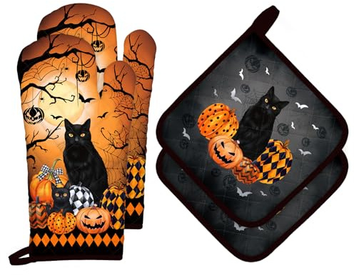 Arquiel Halloween Cat Oven Gloves Cotton Oven Mitts for Kitchen, Set of 4 | 100% Cotton, Extra Long Heat Resistant Design, Fit Cooking BBQ Grilling Baking, Perfect Kitchen Gift