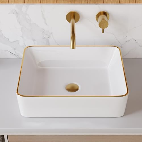 DeerValley Lavabo Salle de Bain en Céramique Blanc avec Bordure Dorée | 48 x 37cm, Rectangulaire,Émail Anti-taches, Nettoyage facile, Pour Salle de Bain et Salle D'eau