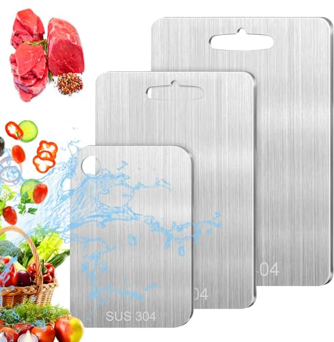 Hitchuey 3 Taglieri In Acciaio Inox (15x25cm/20x29cm/23x34cm), Acciaio Inox 304 Per Uso Alimentare, Antimuffa E Antibatterico, Adatti Come Taglieri Da Cucina Per Carne, Frutta E Verdura.