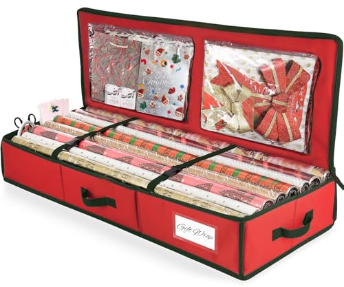 Yiomxhi Geschenkpapier Aufbewahrung mit Taschen, 103 cm Wasserdicht 600D Oxford Geschenkpapierrollen Organizer, Aufbewahrungstasche für Packpapier, Karten, Schleifen, Bänder (Rot)