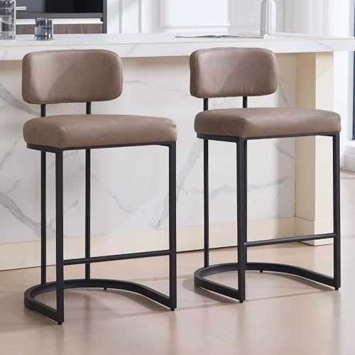 Ya-Home Barhocker 2er Set, Bistrohocker mit Fußstütze, Barstühle mit Metallgestell, Küchenhocker mit breitem Sitzkissen, Kunstleder, Khaki