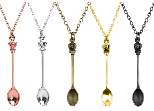 KAEGOUSY 5 Pcs Mini Crown Spoon Keychain Teaspoon Pendant Necklace Key Ring Micro Scoops Tableware Charms Pendant Loop for Spices (5, Gold, Silver, Black, Bronze, Rose Gold, Necklace)