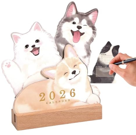 Huayeex Calendrier De Bureau | Thème Animalier Mensuel Planificateur 2026 - Organisateur Quotidien Base Bois Design Chiot Chaton pour Travail Maison Famille École