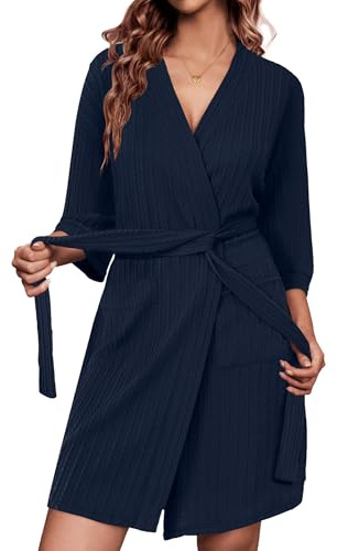 Ekouaer Albornoces de Mujer de Punto Acanalado Manga 3/4 Cuello en V Bata de Boda con Bolsillos Largo Hasta la Rodilla Ropa de Estar Azul Marino M